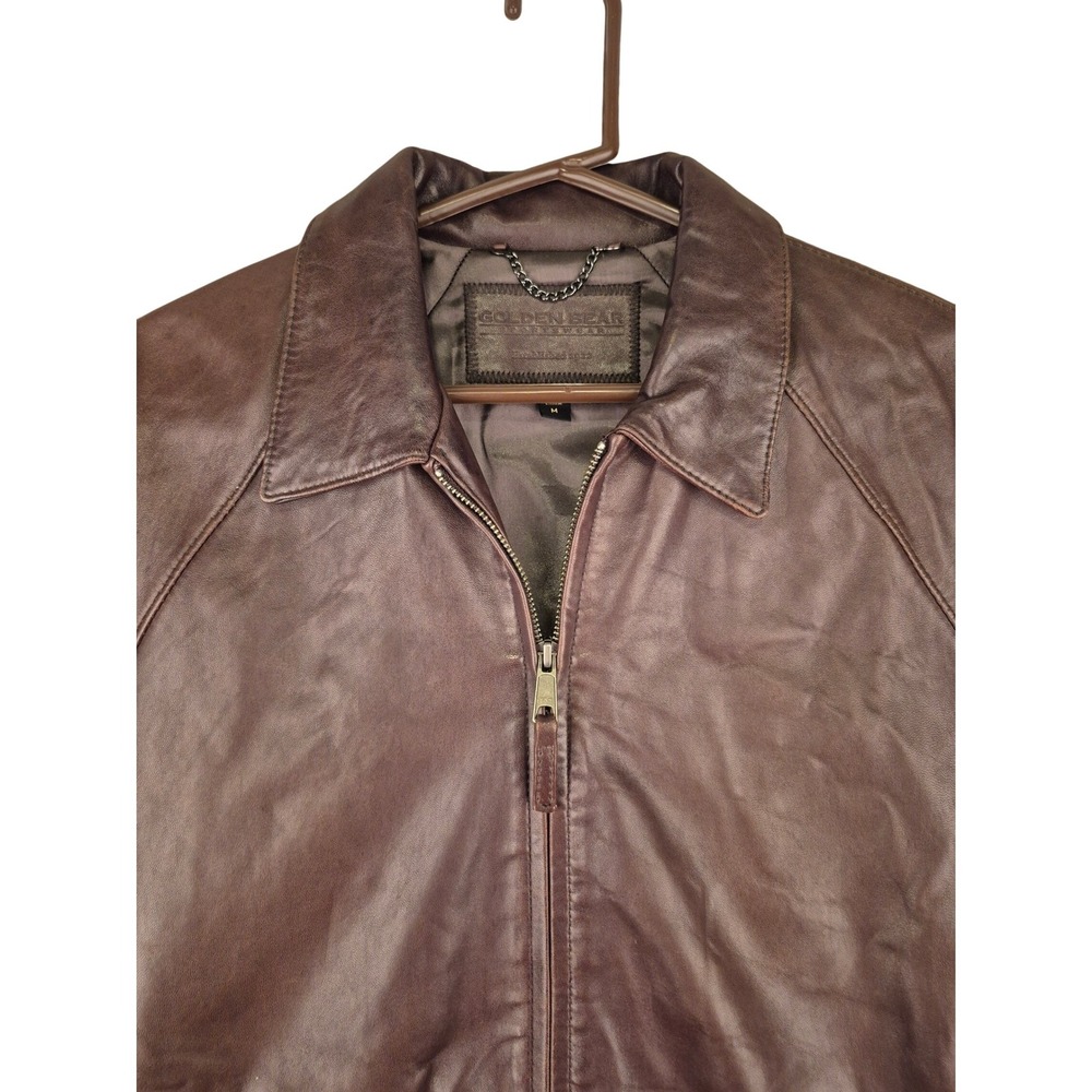 Golden Bear Sportswear Mens Brown Leather Bomber Jacket Size M Full Zip Raglan